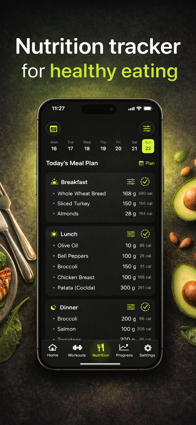 Fit3 nutrition tracker showing meal plans and calorie tracking