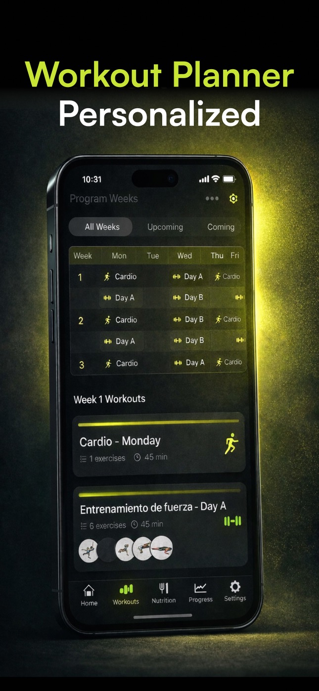 Fit3 workout planner showing a personalized weekly training program