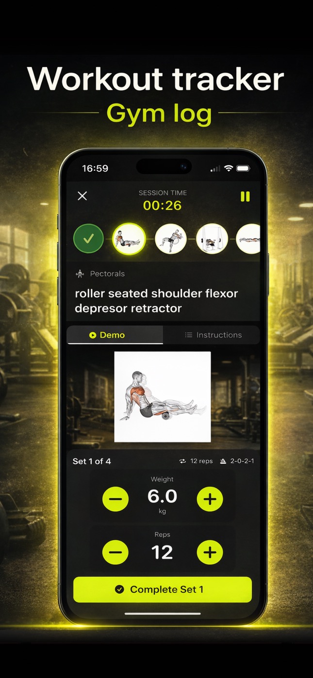 Fit3 workout tracker showing sets, reps, and weight logging